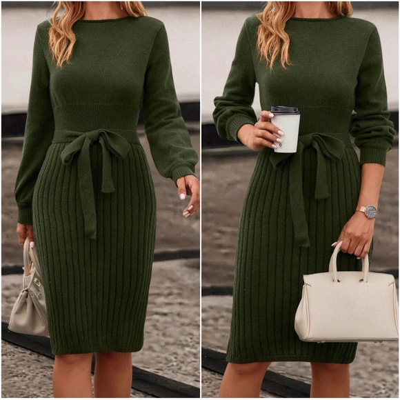 Classic Ribbed Belted Solid Sweater Dress - Picture 2 of 7